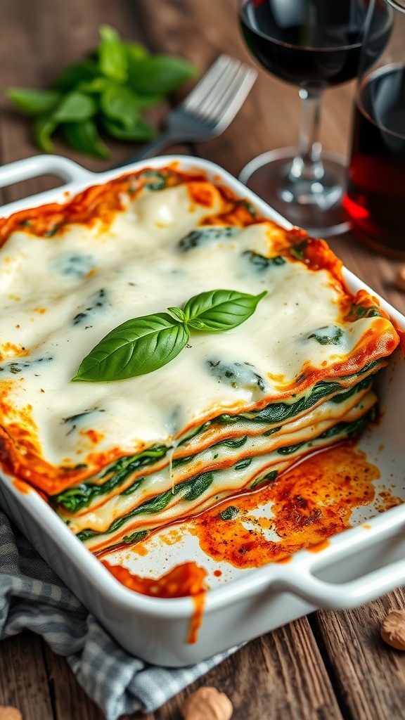 A slice of spinach and ricotta lasagna on a plate, garnished with basil, showcasing its rich layers of cheese and spinach.